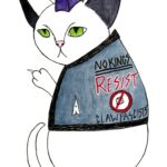 White cat with purple mohawk and jeans vest that has "No Kings, Resist, No Ice, and Claw Fascists on it as well as a cat butt patch. The cat is flipping the bird.