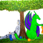 A knight is knitting on one side of a tree and a dragon on the other