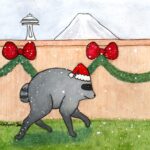 Jimothy in a santa hat strolling through a yard with the space needle & mount rainier in the background,
